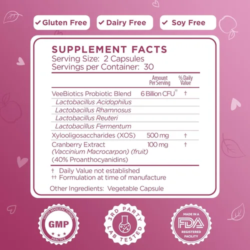 Miniatura 2 de VeeFresh VeeBiotics - Probióticos de arándano para mujeres, 60 cápsulas de probióticos para mujer con prebióticos y extracto de arándano