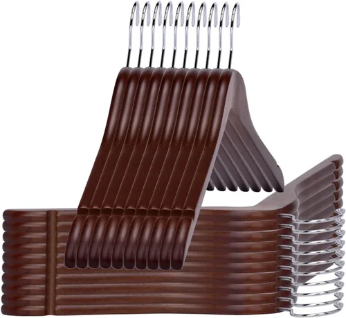 Miniatura 11 de Perchas de madera negra semicurvadas de calidad, paquete de 80 perchas de madera maciza con acabado liso con gancho giratorio, chaqueta, pantalón