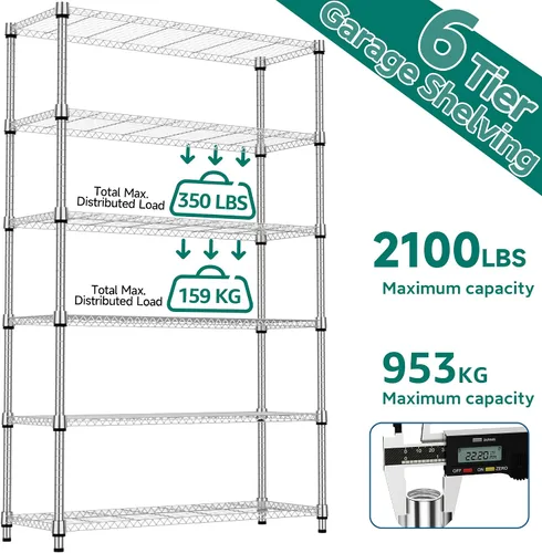 Miniatura 9 de M MZG Estantería de acero de 6 niveles, 2100 libras, estantería de almacenamiento de utilidad, organizador de acero, estante de alambre para el Cromo
