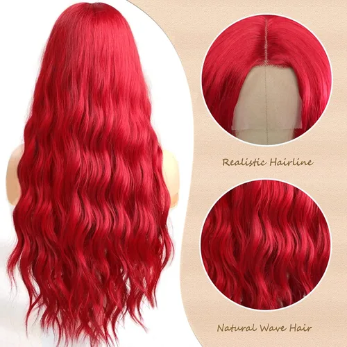 Miniatura 5 de Peluca de cabello sintético ondulado rojo con raya en el medio, peluca de encaje ondulado natural rojo de 24 pulgadas para mujer, para uso diario