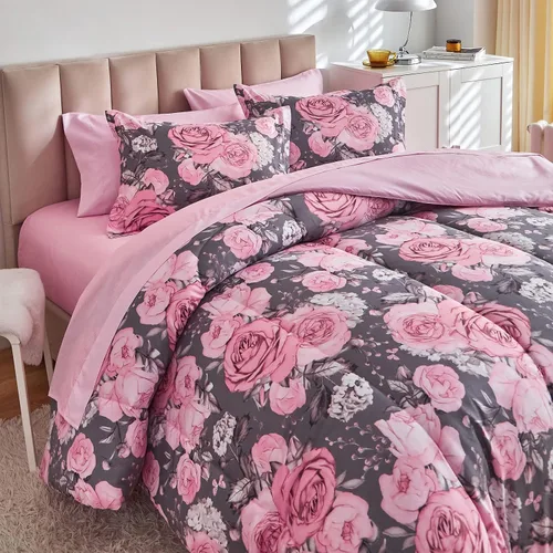 Miniatura 6 de Juego de sábanas de edredón de flores, color gris, cama en una bolsa, juego de ropa de cama reversible de 7 piezas tamaño King de microfibra floral