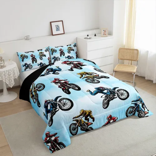 Miniatura 5 de Erosebridal Juego de ropa de cama de motocross tamaño individual, juego de edredón deportivo extremo para niños y adolescentes, edredón acolchado