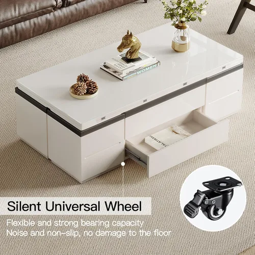 Miniatura 4 de Mesa auxiliar elevable con 4 taburetes, mesa de centro moderna de 47 pulgadas que se convierte en mesa de comedor con ruedas y cajones, mesa central