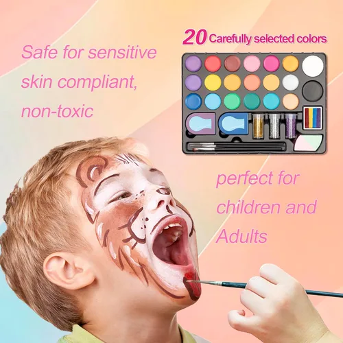 Miniatura 3 de Maydear Kit de pintura facial para niños, paleta de maquillaje a base de agua de 20 colores con plantillas, purpurina, pastel dividido de arcoíris