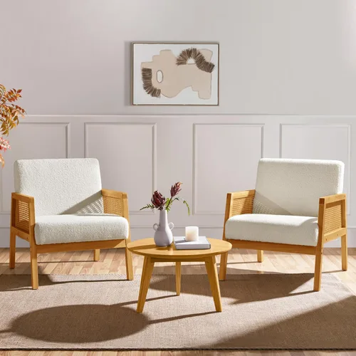 Miniatura 5 de Yaheetech Silla decorativa, sillón moderno de ratán, cómoda silla de lino con patas de madera para sala de estar, dormitorio, sala de lectura, Beige