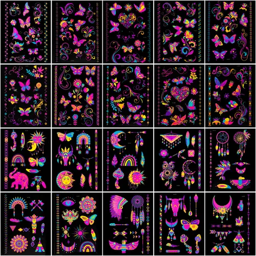 Miniatura 2 de 20 hojas de tatuajes temporales de brillo reactivo UV, neón UV luz negra reactiva lindos tatuajes adhesivos, flores impermeables suministros