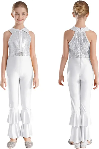 Loyan Leotardo de gimnasia con lentejuelas metálicas brillantes para niñas y niñas, con parte inferior de campana y cuerpo completo, traje de ballet