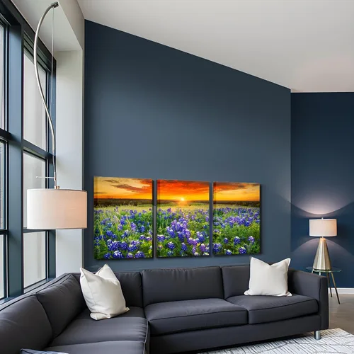Miniatura 5 de Nachic Wall Cuadro de 3 piezas de puesta de sol para pared, hermoso campo de arándanos de Texas, pintura fotográfica sobre lienzo, póster de paisaje