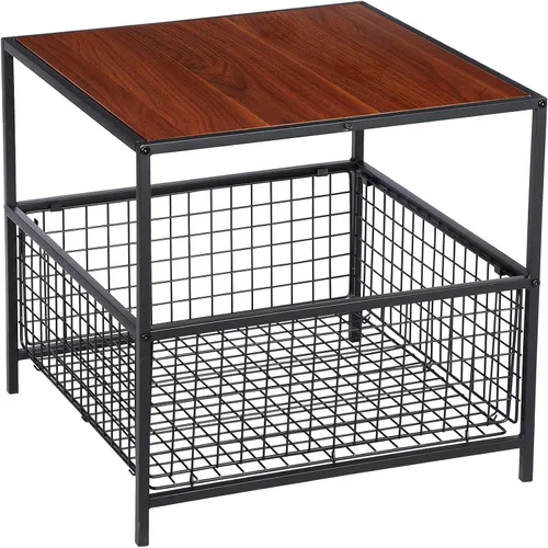 Miniatura 5 de SUPER DEAL Mesa auxiliar de 2 niveles con cesta de malla, mesa auxiliar cuadrada de 20 pulgadas para dormitorio, sala de estar, mini soporte