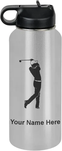 Miniatura 76 de LaserGram Botella de agua personalizada, golfista de golf, acero inoxidable de doble pared aislada al vacío con popote superior, regalo grabado Negro