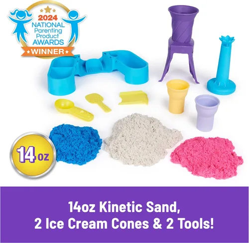 Miniatura 10 de Kinetic Sand, Estación de servicio suave con arena de juego de 14 onzas (azul, rosa y blanco), 2 conos de helado y 2 herramientas, juguetes