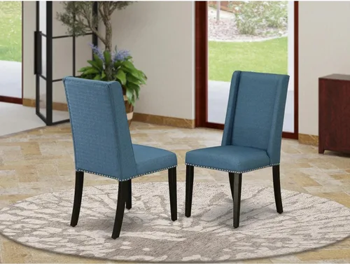 Miniatura 2 de East West Furniture FLP1T21 Florence Parson Sillas – Juego de 2 sillas de comedor tapizadas de tela de lino azul con ribete de clavo, color negro