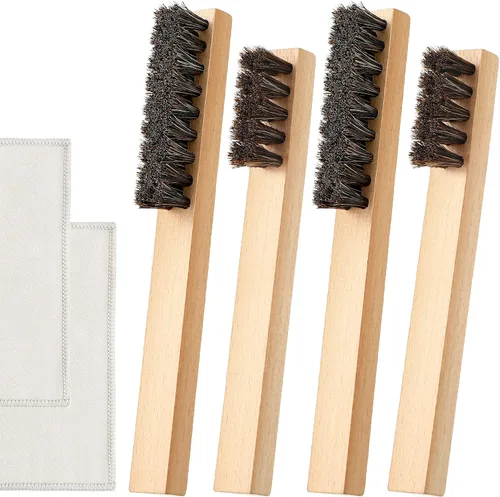 Patelai Juego de 6 esmaltes de plata, 4 cepillos de pelo de caballo de limpieza de madera de plata con 2 piezas de tela pulida, kit de limpieza de