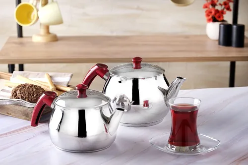 Miniatura 4 de Juego de tetera turca de acero inoxidable para estufa, tetera doble con colador, asas rojas, calentador de agua Samovar para té turco