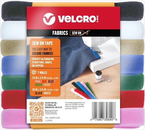 Velcro Brand Cinta para coser de 15 pies x 3/4 pulgadas en paquete variado de 7 colores para telas, ropa y manualidades, sustituto de broches y