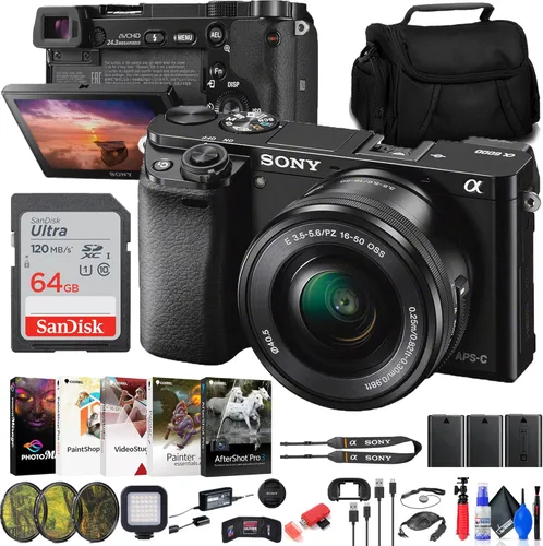 Sony Cámara sin espejo Alpha a6000 con lente de 0.630-1.969 in (ILCE6000L/B) + kit de filtro + tarjeta de 64 GB + 2 baterías NPF-W50 + lector de