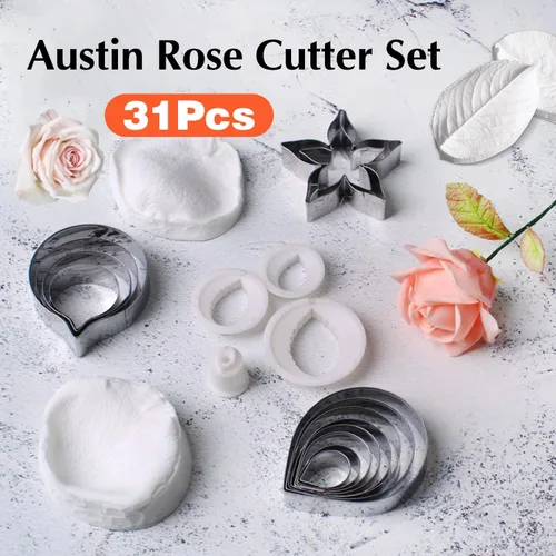 Miniatura 4 de KALAIEN Juego de 31 piezas de cortadores de rosas Austin, moldes de silicona para pétalos de rosa, molde de fondant con vetas, herramienta