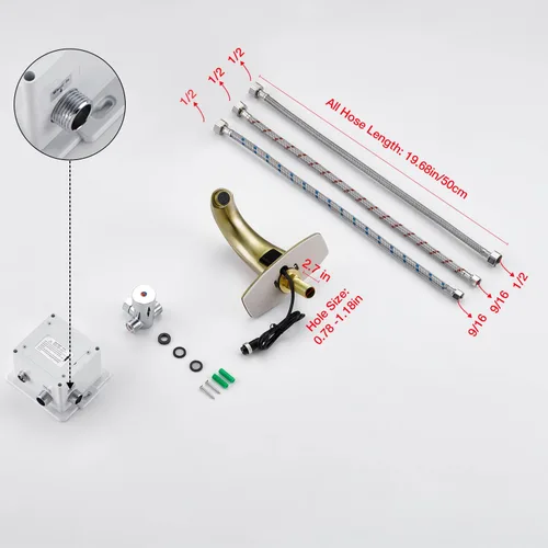 Miniatura 6 de Charmingwater Grifo de lavabo de baño sin contacto, grifo con sensor automático de movimiento con placa de cubierta de agujero, oro cepillado
