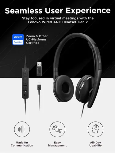 Miniatura 5 de Auriculares con cable Lenovo con cancelación activa de ruido (ANC), conectividad USB-C y USB-A, Certificado para Zoom, Cancelación activa de ruido