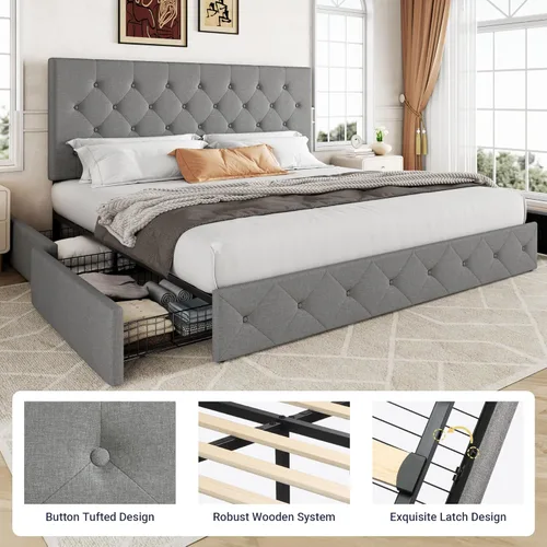 Miniatura 6 de Allewie - Base de cama con plataforma de tamaño King, tapizada, con 4 cajones de almacenamiento y cabecera, diseño cosido en forma de diamante