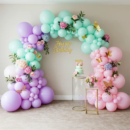 Miniatura 3 de Kit de arco de globos rosa, morado y verde menta, globos pastel de doble relleno con mariposas doradas para baby shower, cumpleaños de niña, tema