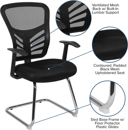 Miniatura 4 de Flash Furniture Silla de recepción lateral de malla negra con base de trineo cromada