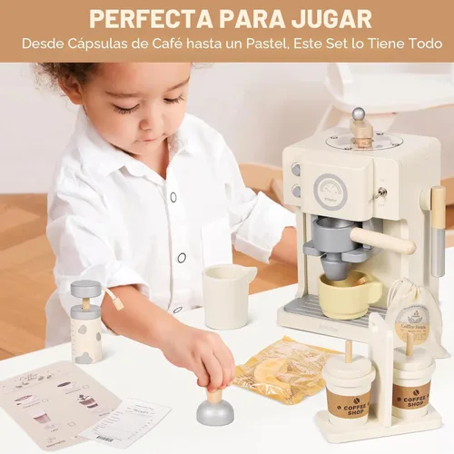 Miniatura 2 de Pithfor - Juego de simulación de café de madera para niños con molinillo, juguete de cafetera para niños y niñas, accesorios y electrodomésticos