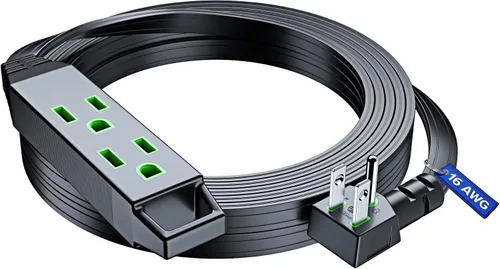 Maximm Cable de extensión de 15 pies, calibre 16, enchufe plano pequeño y diseño de cable plano que ahorra espacio, 125 V, 13 A, 1625 W, 3 clavijas