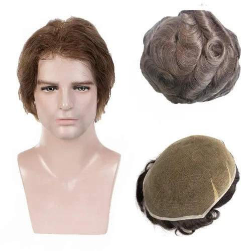 Miniatura 14 de Amiable Toupee para hombres, cabello humano, encaje francés, sistemas de reemplazo de cabello para hombre, suave blanqueado, frontal, aspecto #1