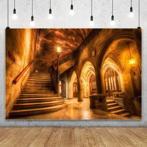 Miniatura 2 de AOFOTO Telón de fondo interior de castillo medieval vintage de 5 x 3 pies, columnas de arco retro, fondo de fotografía, escalera antigua, luz tenue