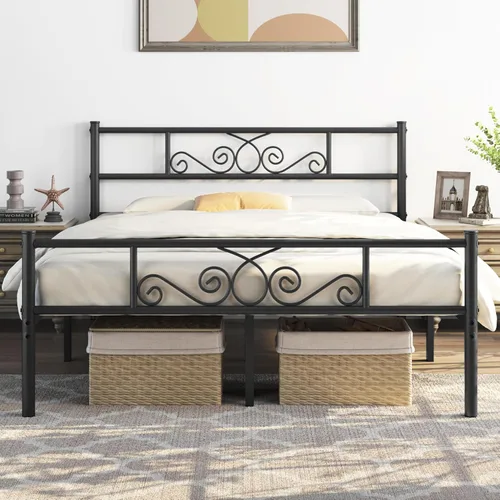 Topeakmart Base de cama de metal clásico negro de 13 pulgadas con cabecero, base de colchón, cama de plataforma, base de cama con listones, tamaño