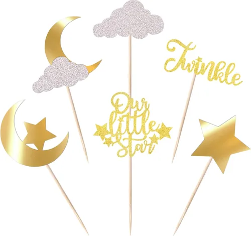 Miniatura 11 de Paquete de 24 adornos para cupcakes con purpurina de luna, nube, estrellas, estrellas, baby shower, niños, cumpleaños, boda, fiesta, decoración