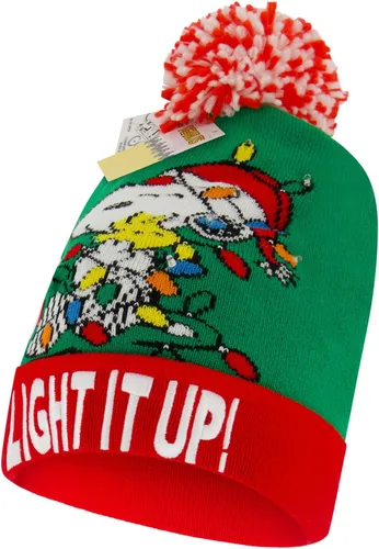 Miniatura 5 de Peanuts Beanie Hat, Snoopy y Woodstock - Suéter de punto de invierno con pompón y puño, color verde, talla única, Verde