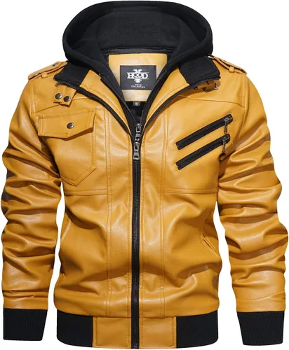 Miniatura 13 de Hood Crew - Chaqueta bomber para hombre, casual, con cuello alto, cazadora de moto, de piel sintética de poliuretano, con cremallera y capucha Marrón
