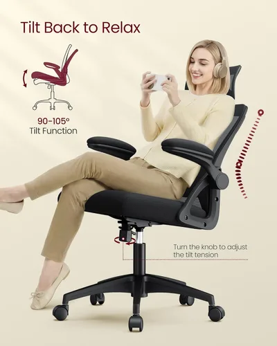 Miniatura 7 de VASAGLE Silla de oficina ergonómica de malla con soporte lumbar ajustable y reposacabezas, función de inclinación de 90-105°, asiento ancho, Negro