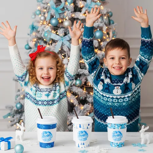 Miniatura 7 de Lallisa 100 juegos de tazas de papel desechables de café de Navidad para el invierno a granel con tapas, fundas y pajitas, tazas de café de copos