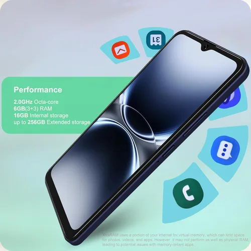 Miniatura 6 de A3 Abierto 4G Teléfono celular desbloqueado barato 6.6 "Pantalla HD+ Android 12 Teléfono inteligente 6(3+3)+16GB/256 TF Octa-Core Dual SIM Azul