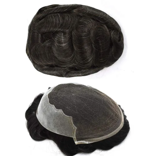 Miniatura 67 de Peluca de repuesto de cabello natural de poliuretano con encaje frontal para hombre (7x9 pulgadas, densidad de luz, 1B40# negro natural con 40% gris)
