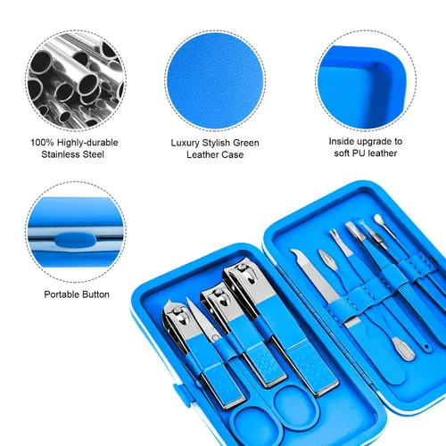 Miniatura 6 de Juego de manicura, mini cortaúñas de viaje, kit de herramientas de cuidado de pedicura, 10 piezas de acero inoxidable (azul)