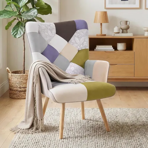 Miniatura 13 de Joysoul Silla decorativa para sala de estar, sillón moderno con respaldo alto, silla de tela de retazos bohemios, silla de lectura tapizada colorida