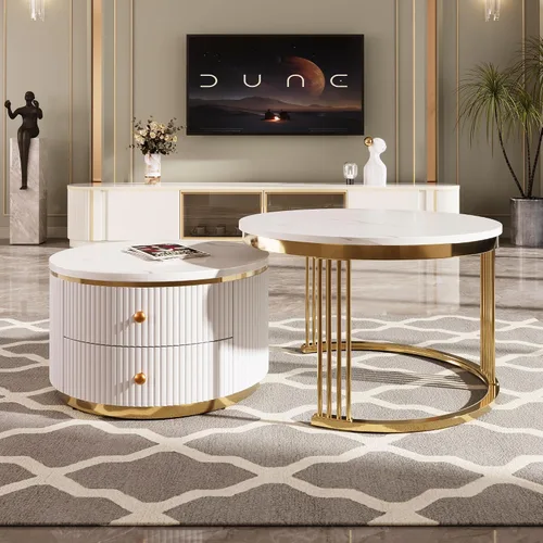 Miniatura 4 de Merax Moderno juego de mesa auxiliar redonda de 2 piezas con cajones de almacenamiento, patas de metal dorado, muebles de MDF que ahorran espacio