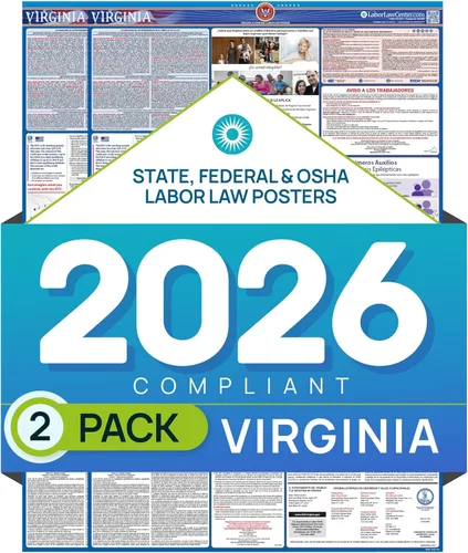 Miniatura 10 de Póster de la ley laboral 2026 de Virginia – Cumplimiento estatal y federal – OSHA, EEOC, FMLA, salario mínimo – Póster de empleo duradero, laminado
