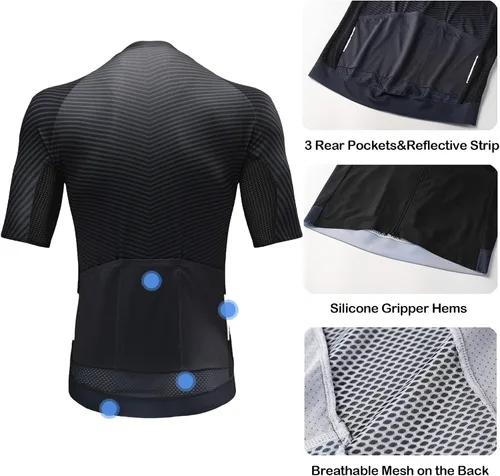 Miniatura 4 de Maillot de ciclismo para hombre, manga corta, cremallera completa, con 3 bolsillos traseros