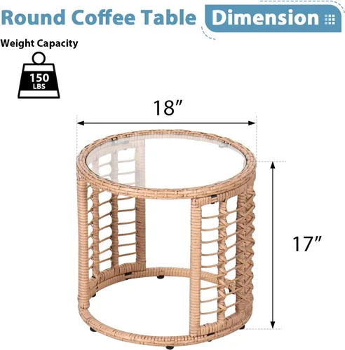 Miniatura 2 de JOIVI Mesa auxiliar de mimbre para exteriores, mesa auxiliar de ratán para todo tipo de clima con parte superior de cristal, mesa de centro redonda