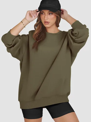 Miniatura 5 de ATHMILE Sudadera de gran tamaño para mujer, cuello redondo, forro polar, manga larga, sudaderas con capucha, tops de otoño, ropa de moda 2023