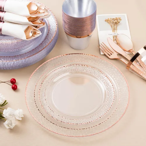 Miniatura 4 de Bestluck - 350 platos de plástico transparente con borde dorado rosa para 50 invitados, juego de vajilla desechable para fiestas y bodas, incluye
