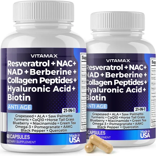 Vitamax Resveratrol NAD+ Berberina Ácido Hialurónico - Biotina Uva y Arándano + NAC - Péptidos de Colágeno - Suplemento para cabello, uñas, piel y