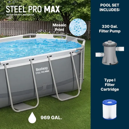 Miniatura 3 de Bestway Steel Pro MAX - Juego de piscina sobre el suelo (10 pies x 6 pies 7 pulgadas x 33 pulgadas), incluye bomba de filtro de 330 galones por