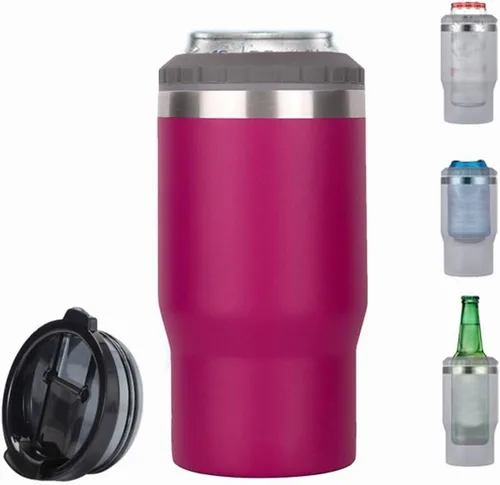 Miniatura 7 de Enfriador de latas de acero inoxidable de 14 oz, 4 en 1, con aislante para botellas de cerveza de 12 oz, con 2 tapas, enfriador térmico aislado