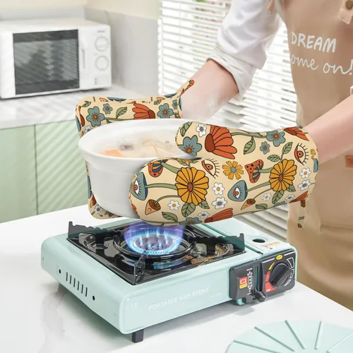 Miniatura 6 de Juego de 4 manoplas de horno y soportes para ollas retro de los años 70 con diseño de hongos hippie, de silicona, resistentes al calor, guantes